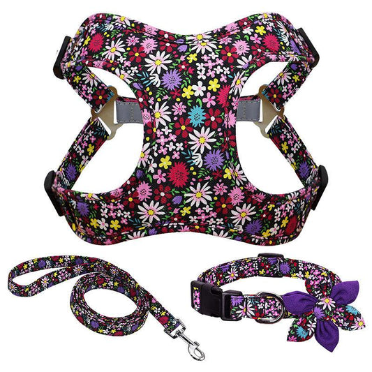 Floral Print Dog Collar Harness Leash Set For Small, Medium, Large Dogs - Stylish Pet Accessories